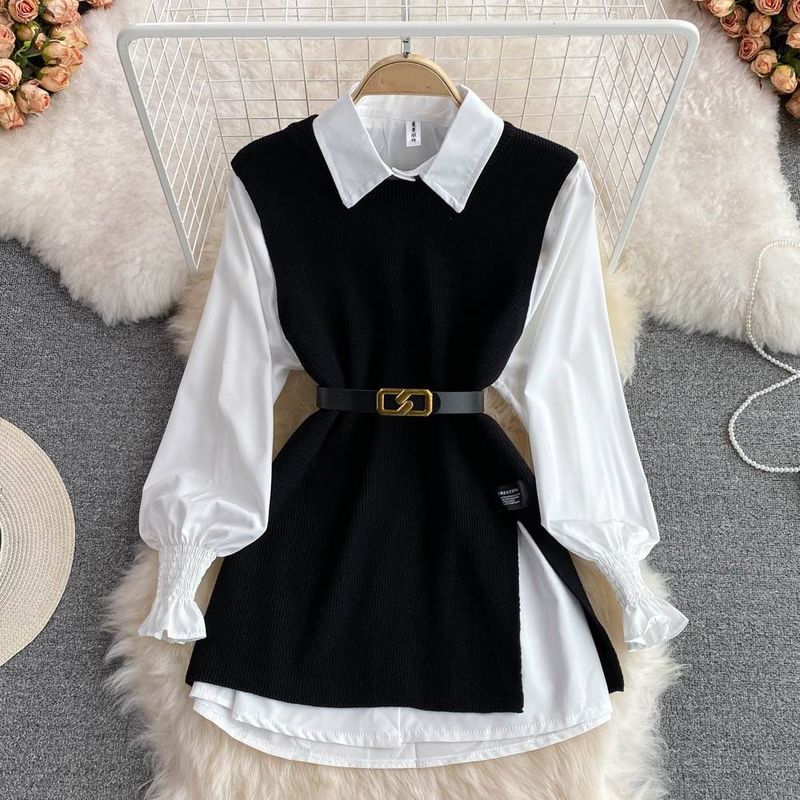 Abbigliamento da donna, maglione con spacco che copre la pelle, set di due pezzi impilati_voghion.com