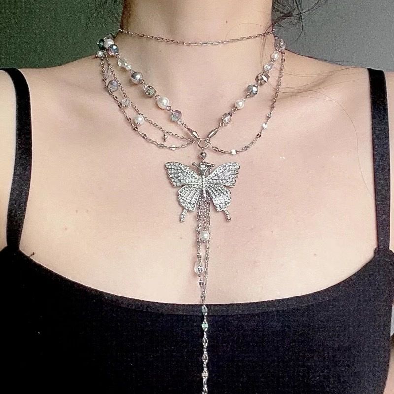 Neue süße coole Schmetterlingsperlen-Quastenhalskette mit super unsterblichem Stil, personalisierter würziger Mädchenstil, fortgeschrittener Sinn, Mode_voghion.com