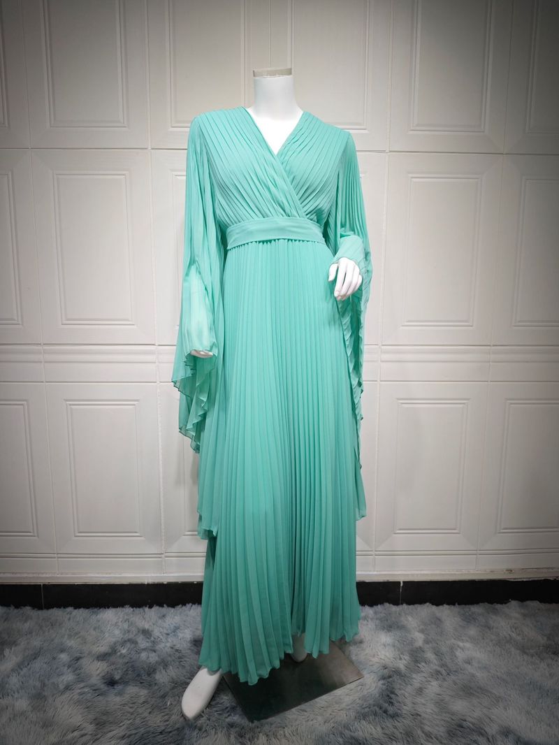 Vêtements pour femmes mode musulmane jupe longue élégante grande balançoire en mousseline de soie plissée robe de couleur unie_voghion.com
