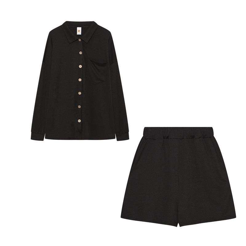 2024 Autumn Winter New Solid Color Ribbed Button Lapel Casual Fashion Homewear Women's Set_voghion.com