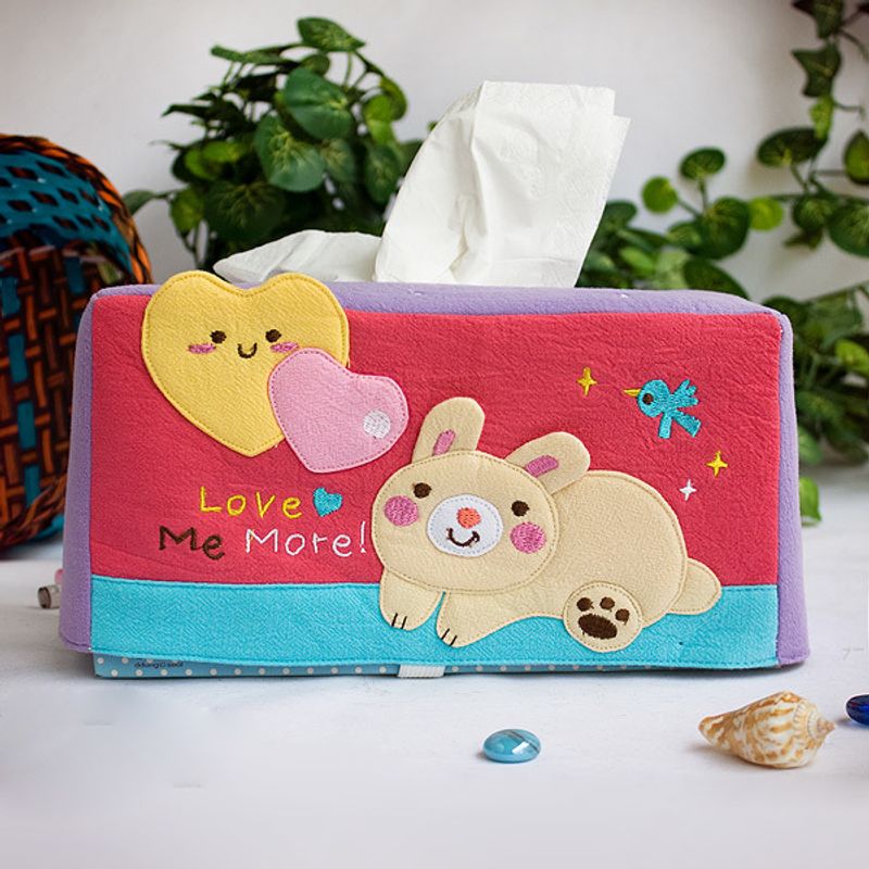 [Rabbit & Heart] Embroidered Applique Fabric Art Tissue Box Cover Holder (8.7*4.5*4.5)_voghion.com