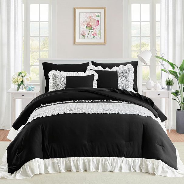 Breathable Queen Size Comforter Sets, All-Season Down-Alternative Quilt Set Black Ruffle Lace Craft Quilt Three Piece Set_voghion.com
