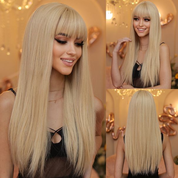 White Long Straight Synthetic Wigs For Women Colorful Cosplay Party Hair With Bangs White Wig HighTemperature_voghion.com