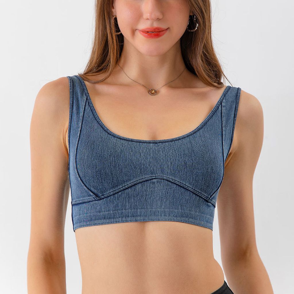 Reggiseno fitness push-up antiurto ad alta resistenza elastico aderente da donna in denim per yoga_voghion.com