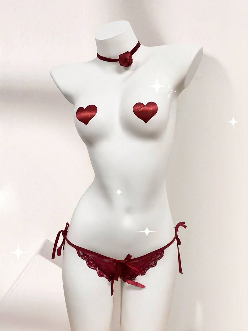 Bundle Sex Bondage Set Lace Underwear Erotics For Couple Love Shape Nipple Cover Adjustable Burgundy Choker Classic Collar Necklaces For Women_voghion.com