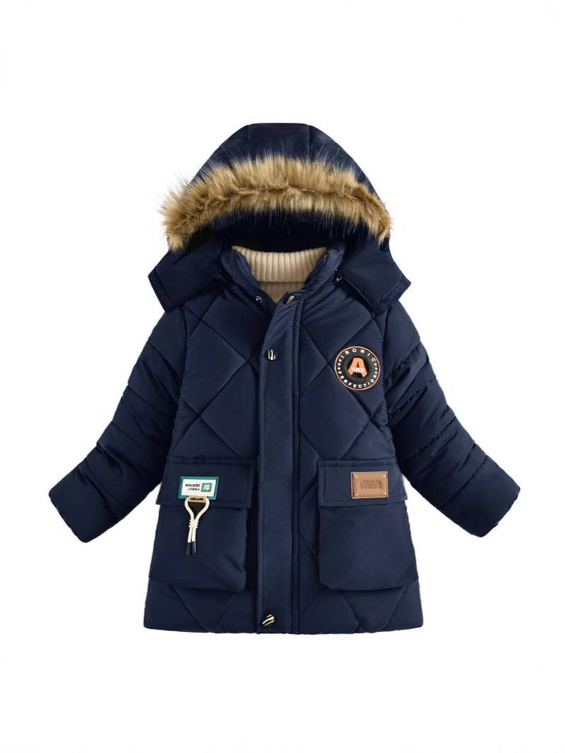 Abrigo grueso de invierno para niño: Chaqueta larga con capucha desmontable y cremallera (100-140 cm, negro/azul marino/caqui/bronce)_voghion.com