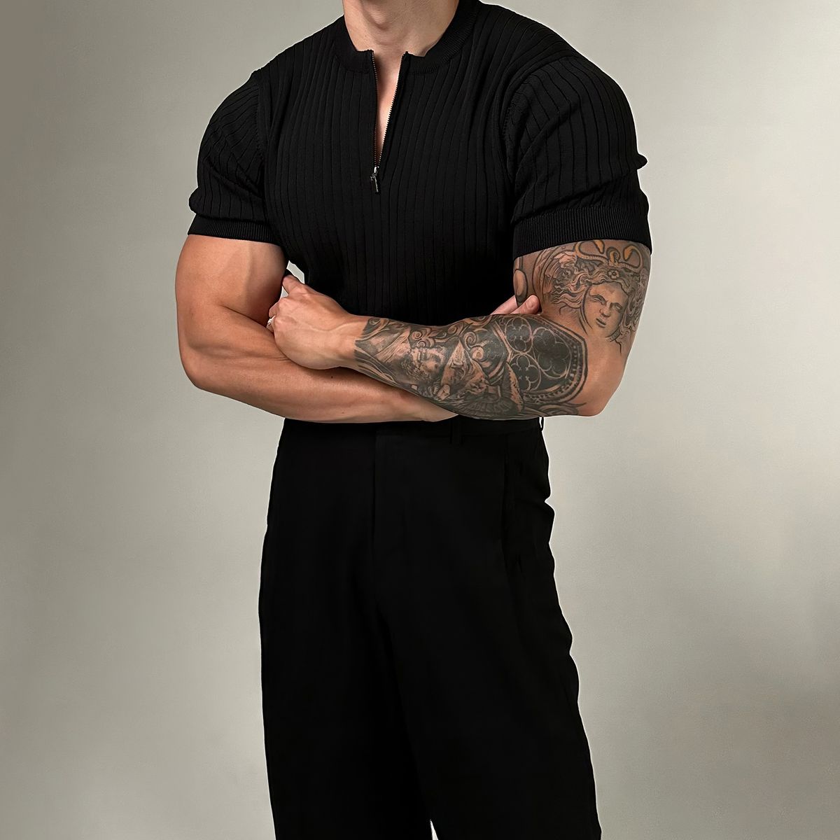 Herrenbekleidung Kurzarmpullover Rundhals Halbreißverschluss Gestreift Einfarbig Vielseitiges Herren-T-Shirt Slim Fit Top_voghion.com