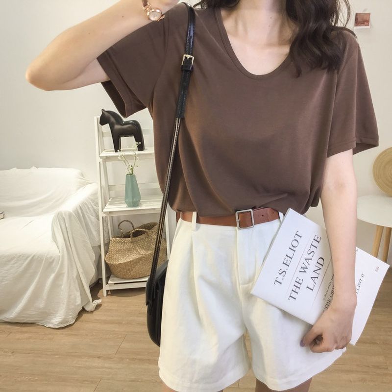 Camiseta feminina de verão 2024, nova, solta, de manga curta, com decote em V, para estudantes, emagrecimento, em rede vermelha_voghion.com