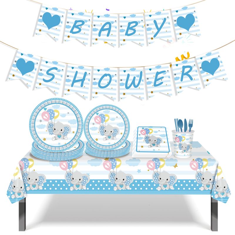 Cute Pink Blue Elephant Party Theme Children's Birthday Party Paper Plate, Paper Cup, Table Cloth Party Set_voghion.com