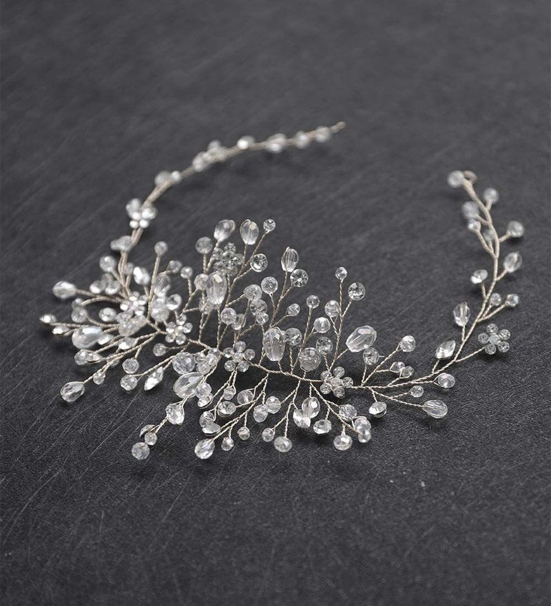 Accesorios de novia unisex Accesorios para el cabello Diadema femenina hecha a mano con forma de cristal Vestido de organza dorado y plateado Accesorio para la cabeza_voghion.com