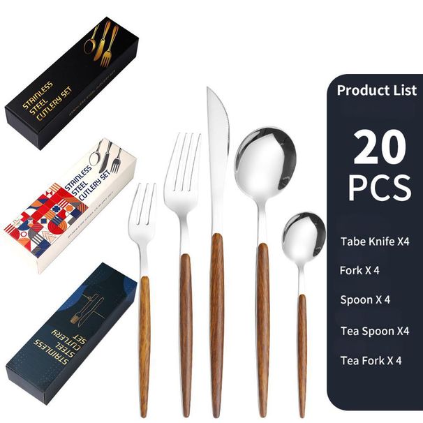 Luksuriøst bestikksett i rustfritt stål 430 - Titanforgylt 5-delers kniv-, gaffel- og skjesett for finere middager_voghion.com