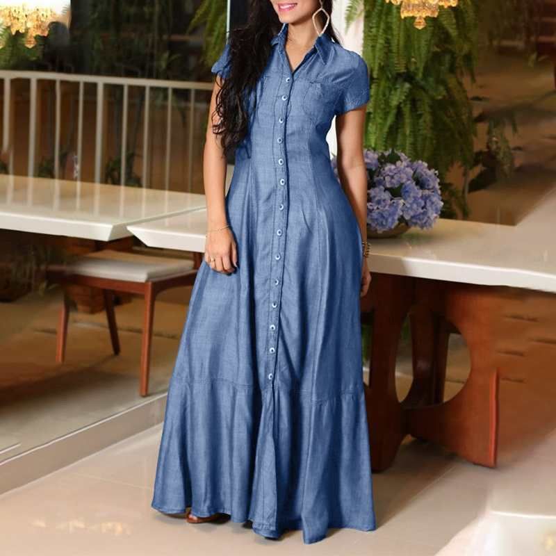 Women's New Hot Sale Temperament Shirt Collar Large Swing Skirt Denim Dress_voghion.com