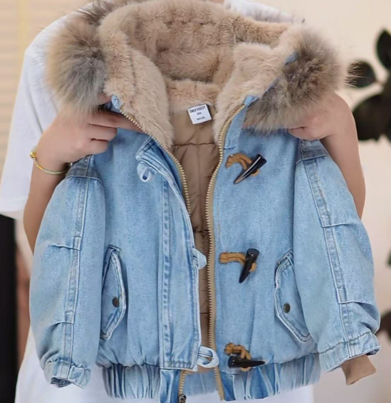 Kids' Winter Denim Jacket - Thickened Fleece-Lined Hooded Coat | Vintage Wash_voghion.com