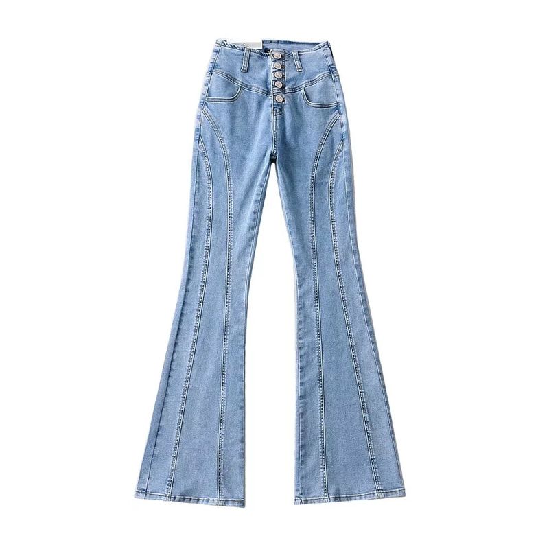 Women's Clothing Spring And Summer New Elastic Tight High Waist Button Flared Pants Women's Tight Slimming Splicing Mopping Denim Pants_voghion.com