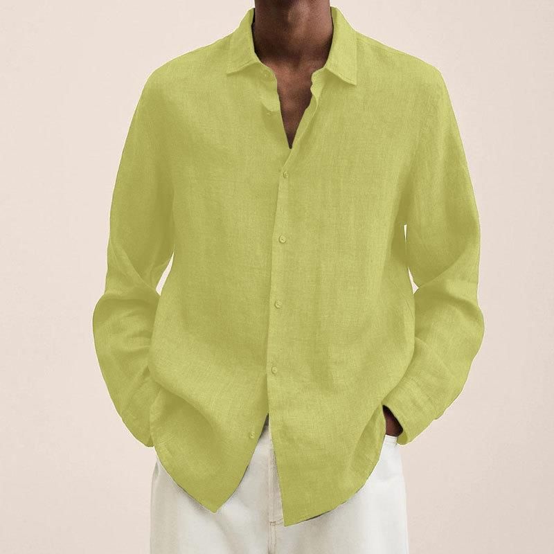 Men's Clothing Long Sleeve V-Neck Button Down Linen Cotton Shirt Relaxed Fit Casual Open Front Shirt For All Seasons (Multiple Colors Available）_voghion.com