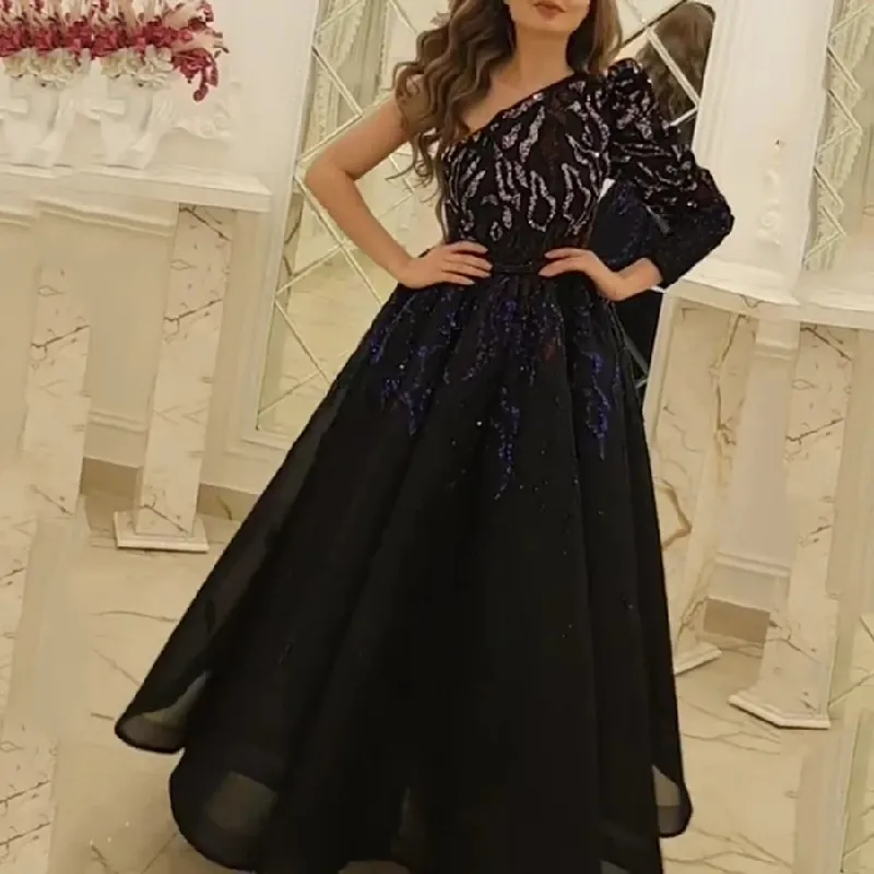 Women's long black sprinkle gold annual meeting host performance dress dress_voghion.com