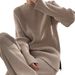 Set aus Strickpullover und Hose mit weitem Bein für Damen – Pullover mit geteiltem Saum und hoch taillierter Hose, minimalistisches Büro- und Freizeitoutfit (Einheitsgröße)_voghion.com