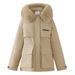 Casaco parka feminino com capuz removível de pele de coelho, jaqueta de inverno com cinto, revestimento de poliéster espesso e enchimento de algodão para uso casual e no escritório_voghion.com