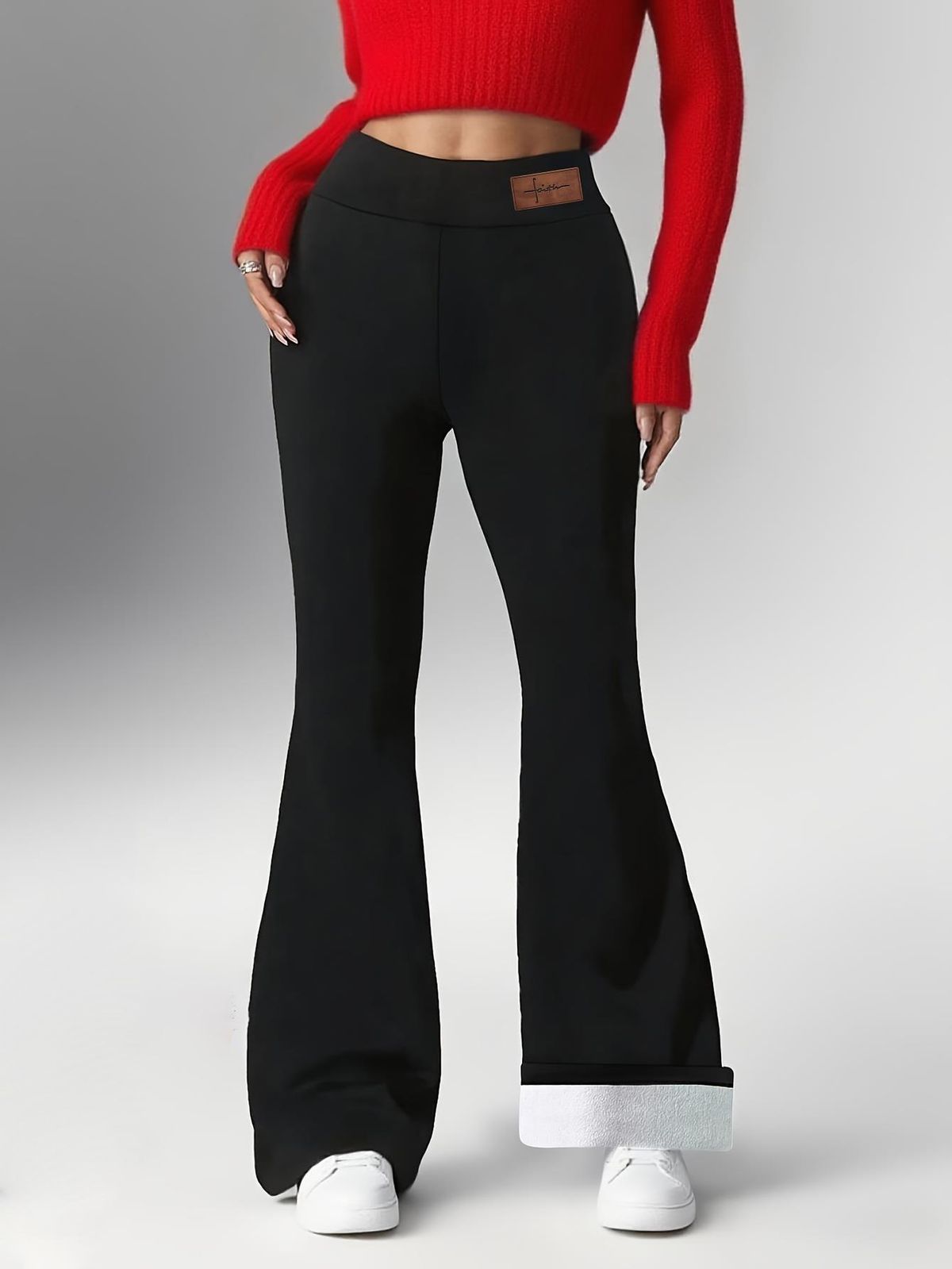 Pantaloni a vita alta con gamba svasata in pile con etichetta in pelle da donna e fodera in pile di montone - Pantaloni invernali elasticizzati, caldi e aderenti_voghion.com