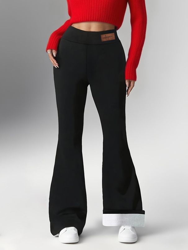 Pantaloni a vita alta con gamba svasata in pile con etichetta in pelle da donna e fodera in pile di montone - Pantaloni invernali elasticizzati, caldi e aderenti_voghion.com