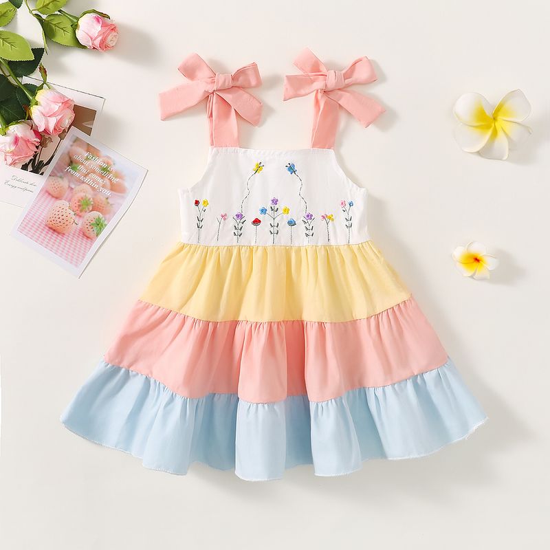 Grenziwwerschreidend Baby Meedchen Schleif Hosenträger Prinzessin Kleed Gestickte Blummefaarweg Nähten Kleed_voghion.com
