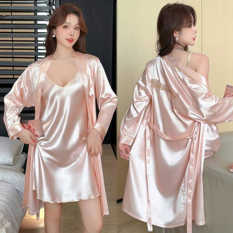 Camisón de primavera y verano para mujer, camisón de seda con tirantes, conjunto de dos piezas de traje de seda helada seductor sexy_voghion.com