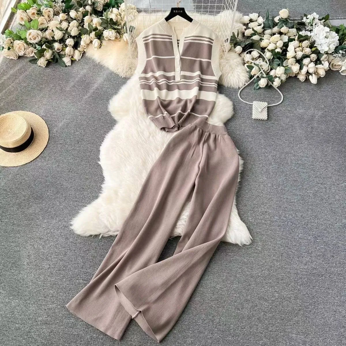 Débardeur à couleurs assorties pour femmes, haut polyvalent, taille haute, pantalon à jambes larges, costume deux pièces tendance_voghion.com