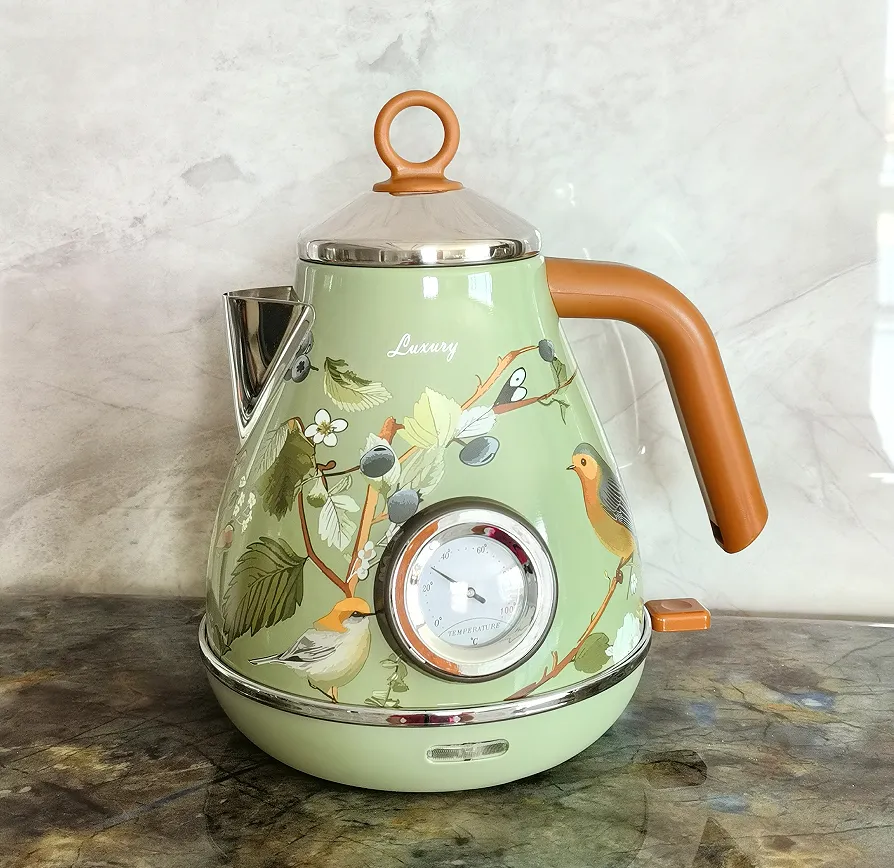 PS3013Ta Flower ūdenszīme krāsota elektriskā tējkanna retro instrumenta termometrs elektriskā tējkannas snīpis var pievienot ūdeni 1850W, lai ātri uzvārītu_voghion.com