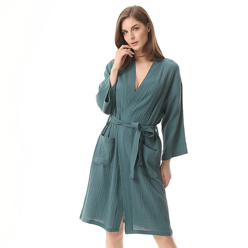 Summer Thin Bathrobe Women's Double Layer Gauze Medium Length Bathrobe Three Quarter Sleeve Nightgown Men's Pajamas Couple Home Clothes_voghion.com
