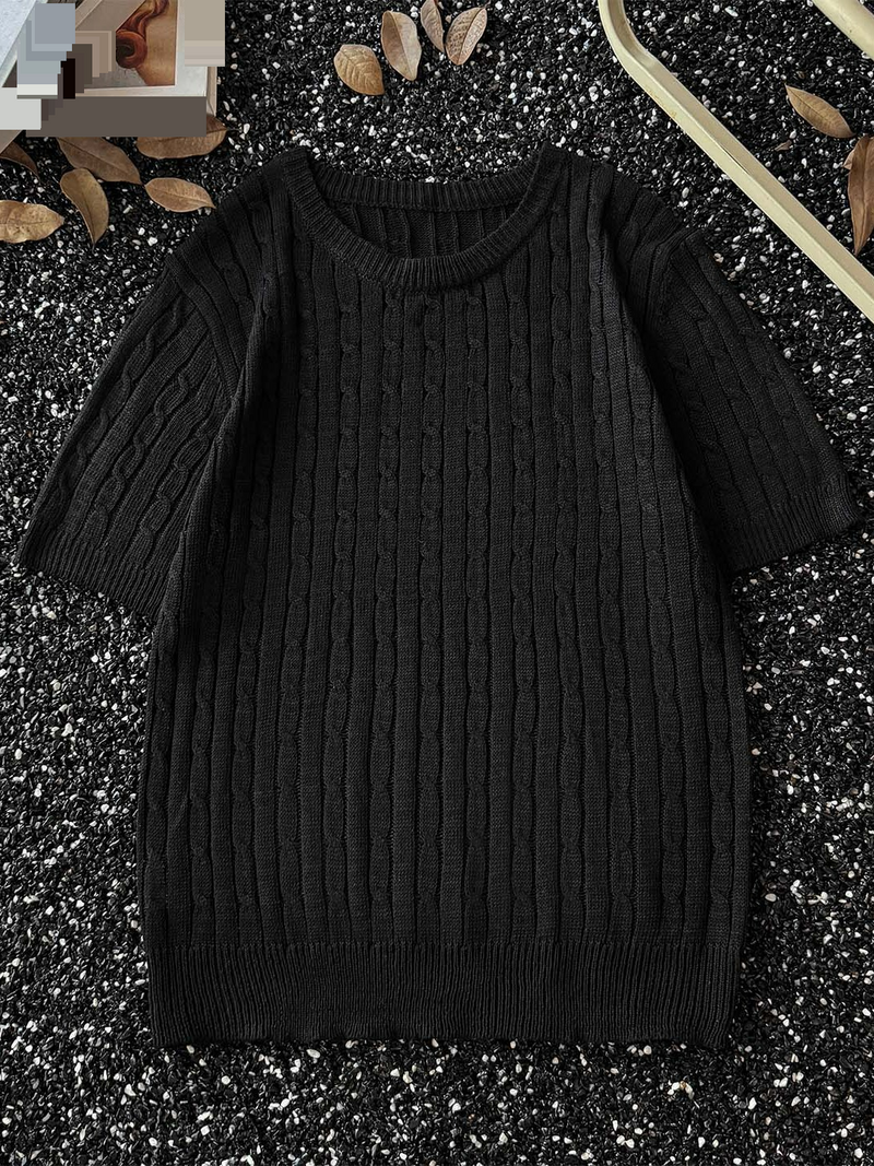 Summer Thin Jacquard Knitted Short Sleeved T Shirt Men's Round Neck Casual Trendy Retro Handsome Youth Breathable T Shirt_voghion.com