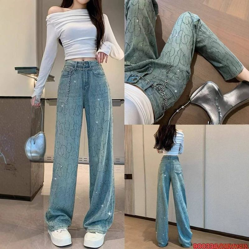 Damenbekleidung Jeans mit hoher Taille und geradem Bein, Strassverzierungen, Skinny Fit, weite Jeanshose, glitzernd, dehnbar, bequem, lässig, Partykleidung_voghion.com