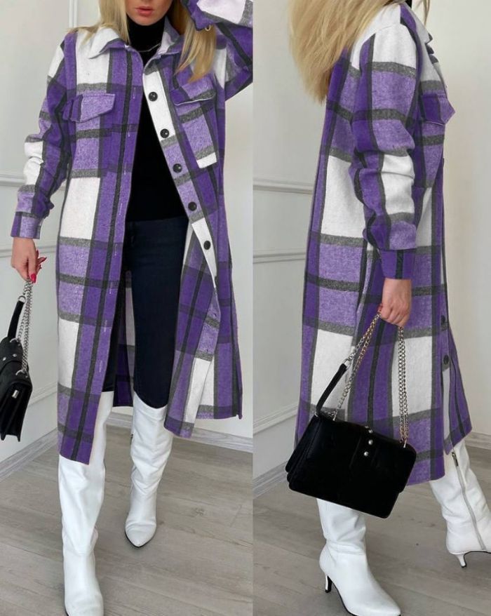 Women's autumn new plaid print lapel long shirt woolen coat_voghion.com