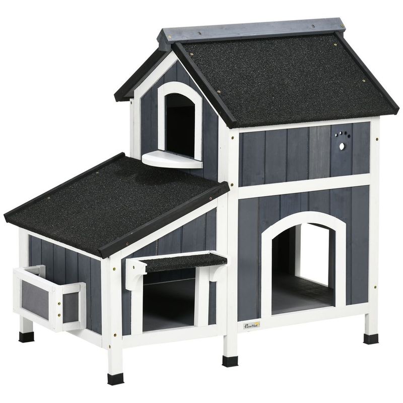 PawHut Outdoor Cat House With Flower Pot, 2-Story Feral Cat House With Weather Resistant Roof, Wooden Cat Shelter With Window, Multiple Entrances_voghion.com
