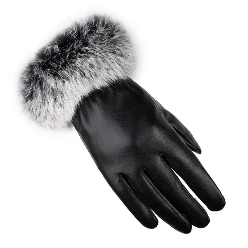 Naiste soojad sügis- ja talvekindad PU-nahast küüliku karusnahast puutetundlik ekraan välirattasõiduks pluss sametist paksendatud talvekindad_voghion.com