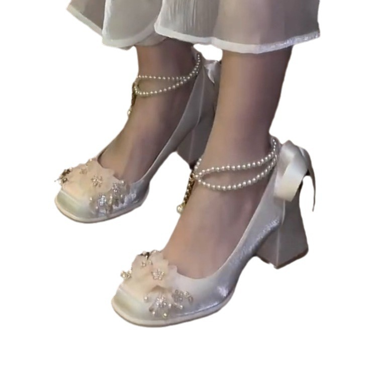 Talons hauts épais en perles de fleurs, nouvelles chaussures simples printemps-automne 2024, sens du Design pour femmes, charme petit et élégant,_voghion.com