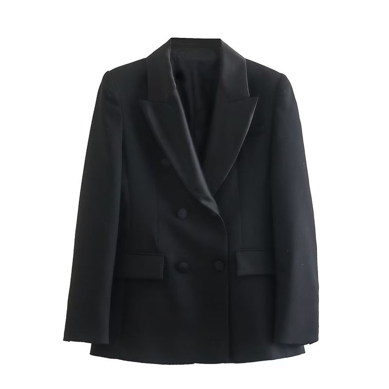 Top giacca da donna nera con design a risvolto dimagrante in vita alla moda_voghion.com