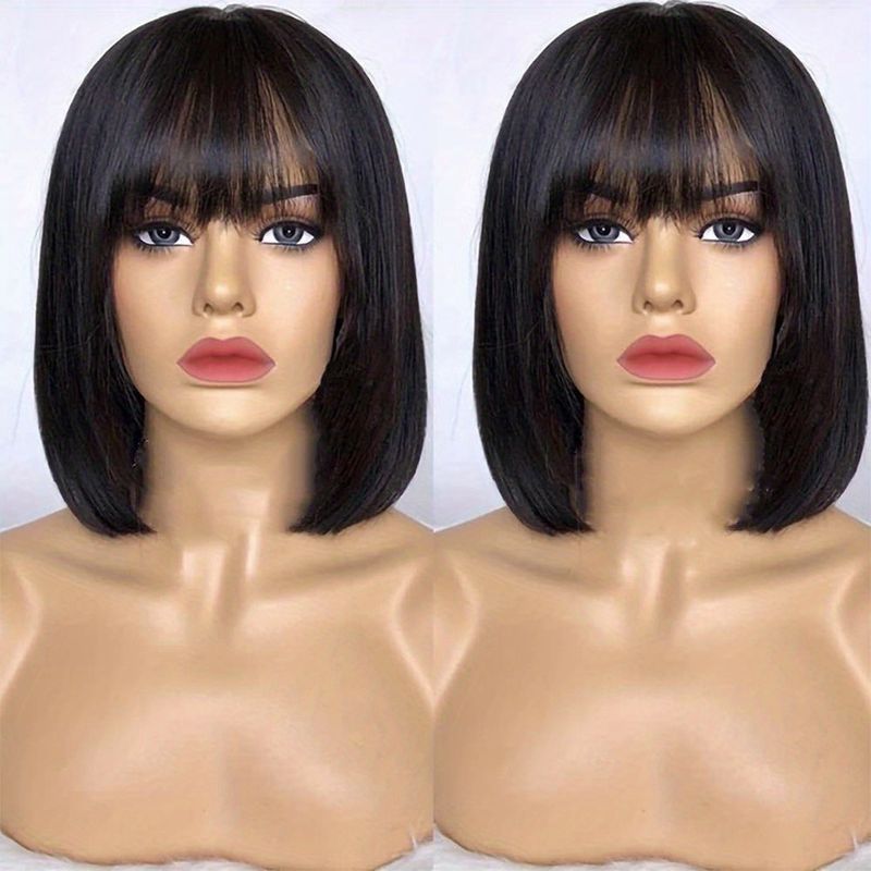 Pelucas de corte Bob corto con flequillo, pelucas de cabello humano liso sin pegamento, pelucas de cabello humano brasileño liso para mujer de 8 a 14 pulgadas_voghion.com