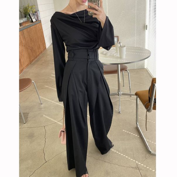 Vêtements pour femmes début d'automne design niche taille tridimensionnelle mince jambe large drapé taille haute pantalon décontracté_voghion.com