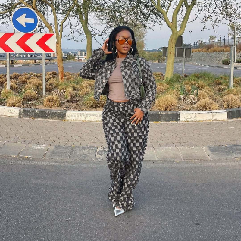 Women's Clothing Casual Jacquard Plaid Washed Denim Suit Women's Casual Jacquard Checkered Washed Denim Outfit Set Winter Wear Grey S-XXL_voghion.com