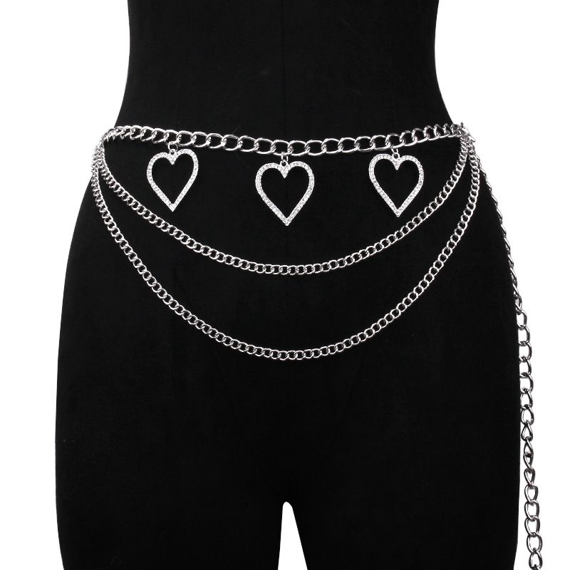 Gioielli alla moda con ciondolo a forma di cuore con diamanti, multistrato, con catena per il corpo e la vita._voghion.com