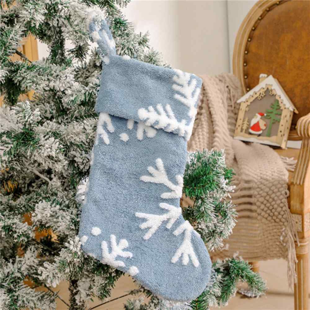 Calza di Natale con fiocchi di neve bianchi, calze di Natale in peluche, sacchetti regalo, addobbi natalizi, decorazioni per l'albero di Natale_voghion.com
