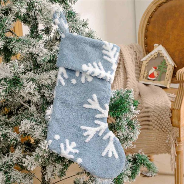 Calza di Natale con fiocchi di neve bianchi, calze di Natale in peluche, sacchetti regalo, addobbi natalizi, decorazioni per l'albero di Natale_voghion.com