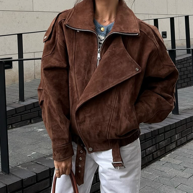 Women's Clothing Brown short loose coat autumn new street fashion lapel zipper coat_voghion.com