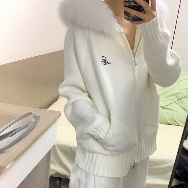 Women's Fashion Knit Cardigan With Faux Fur Hood - Loose Fit Long Sleeve Open Front Sweater Coat For Casual & Stylish Outfits_voghion.com