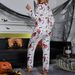 Conjunto de pijama de Halloween feminino – manga comprida e calça com estampa divertida de abóbora (mistura de poliéster aconchegante, estilo camisa com botões, P-GG)_voghion.com