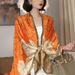 Temperament Color Matching Flower Long Orange Khaki Print Spring and Autumn Versatile Summer Sunscreen Simulated Silk_voghion.com