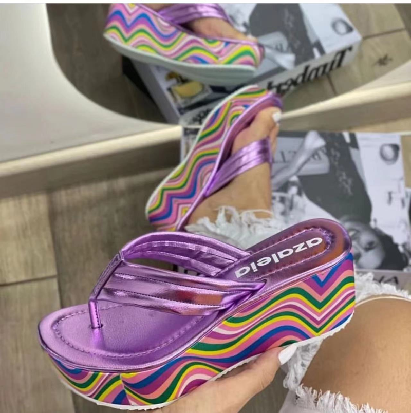 Tongs compensées grande taille à plateforme et couleurs assorties pour femmes, sandales de plage à pince et talons hauts_voghion.com