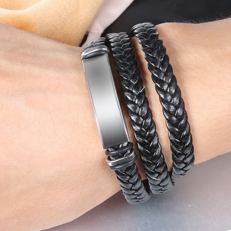 Bracciale da uomo in pelle intrecciata, stile semplice e alla moda, in acciaio al titanio_voghion.com