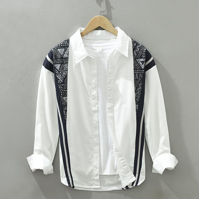 1325 Chemise à manches longues pour hommes, chemise ample imprimée à coutures rétro à la mode, haut une pièce droit_voghion.com