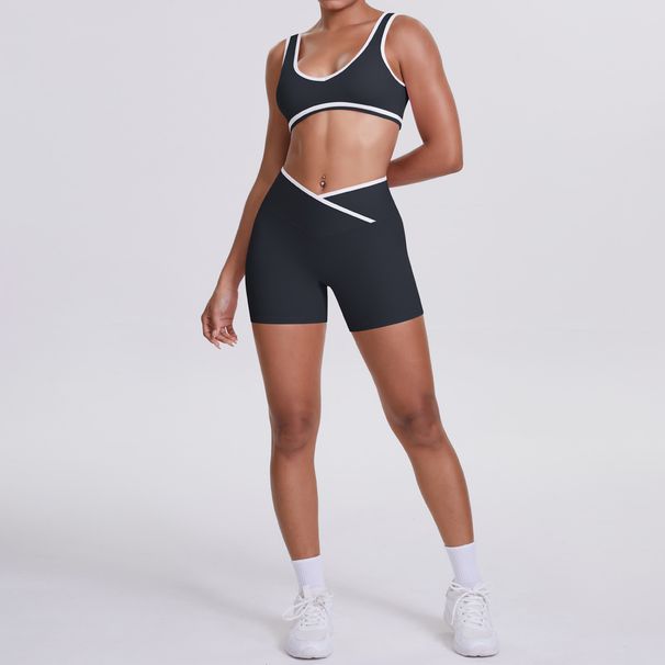 New Double-Sided Brushed Color-Block Tight-Fitting Breathable Cross Yoga Outfit For Sports Running Fitness Two-Piece Set_voghion.com